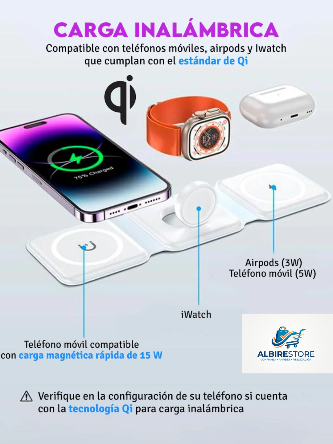 Cargador Inalámbrico 3 en 1 Magnético Base De Carga Plegable